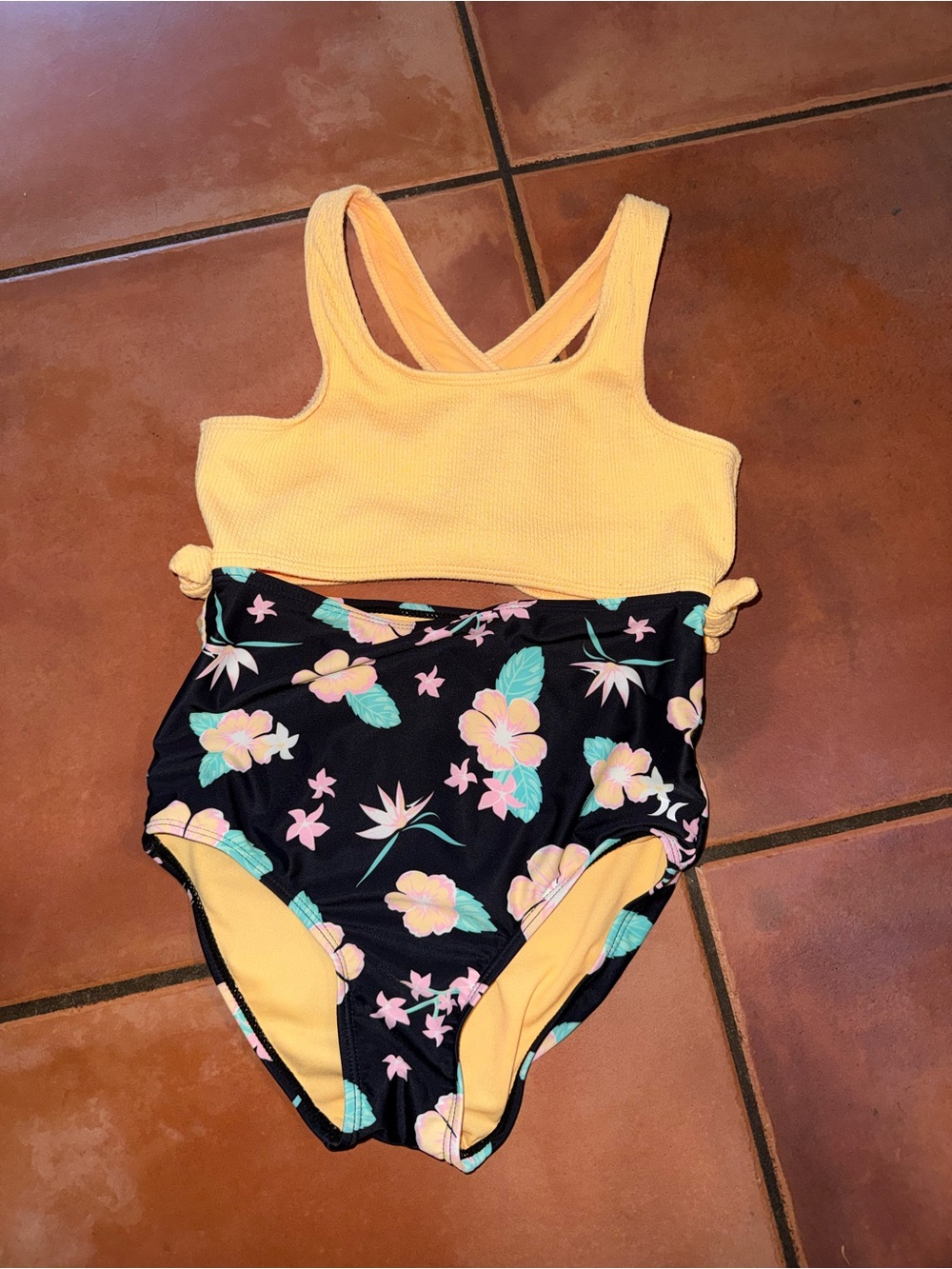 Hurley Yellow and Black Floral One-Piece Swimsuit